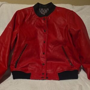 Michael Kors Reversible Red Leather Bomber Jacket with Black Accents